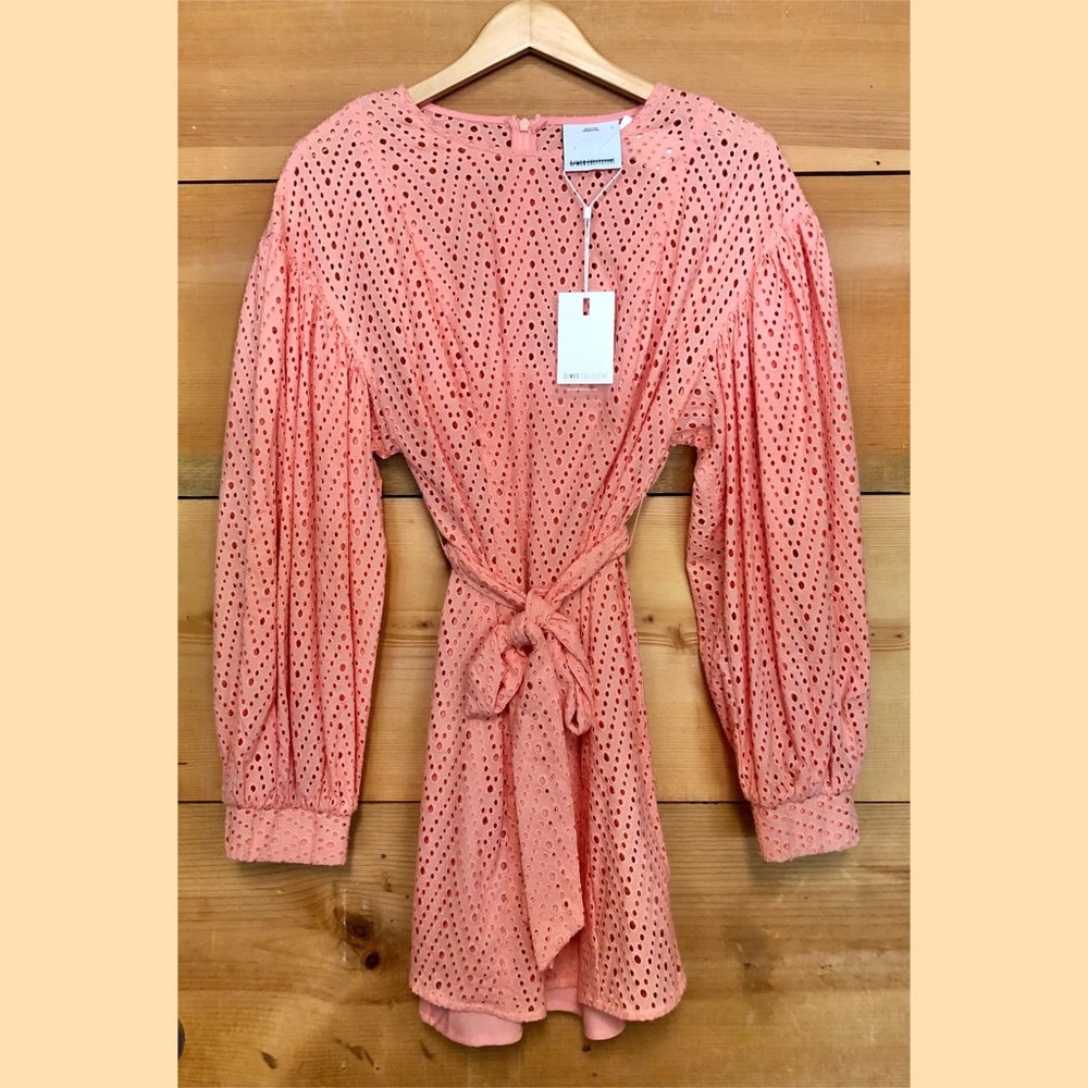 C/meo coral Anthropologie eyelet balloon sleeve tie waist dress